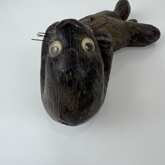 Hand-Carved Wax Sea Otter Holdinv Shell Playful 7” Long Rustic Decor - Picture 3 of 6